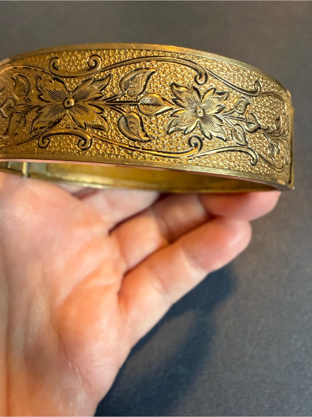 Vintage Spanish Damascene Floral Engraved Gold-Tone Cuff Bracelet